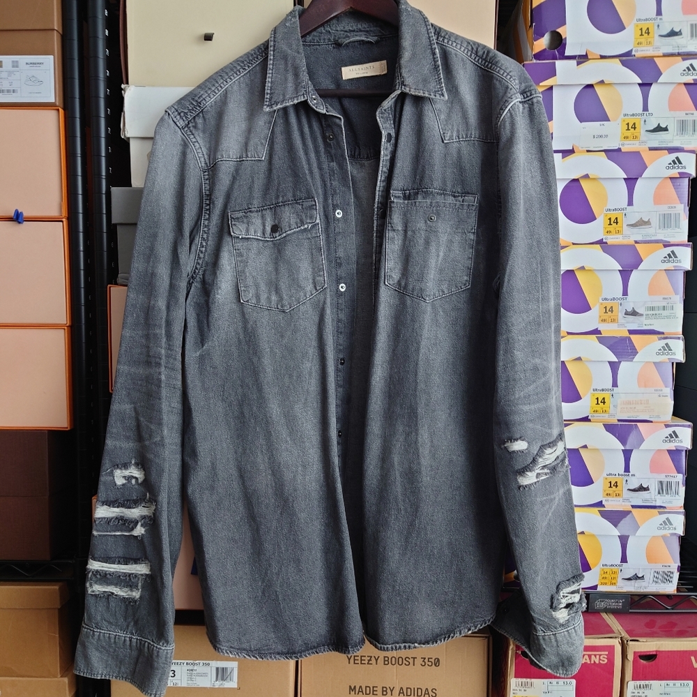 All Saints "Beegan" Distressed Denim Shirt Gray